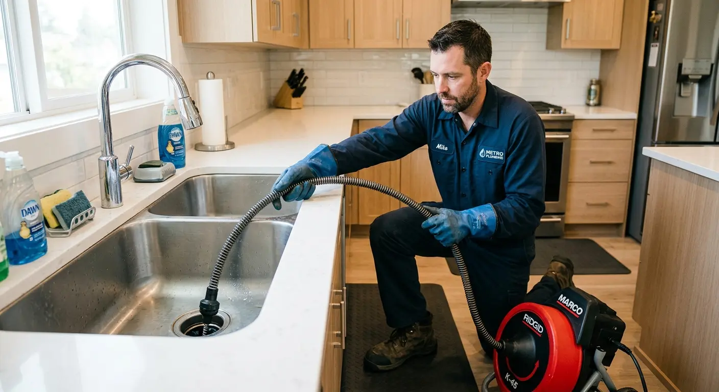 Drain cleaning technician using a motorized snake on a kitchen sink in Argentine