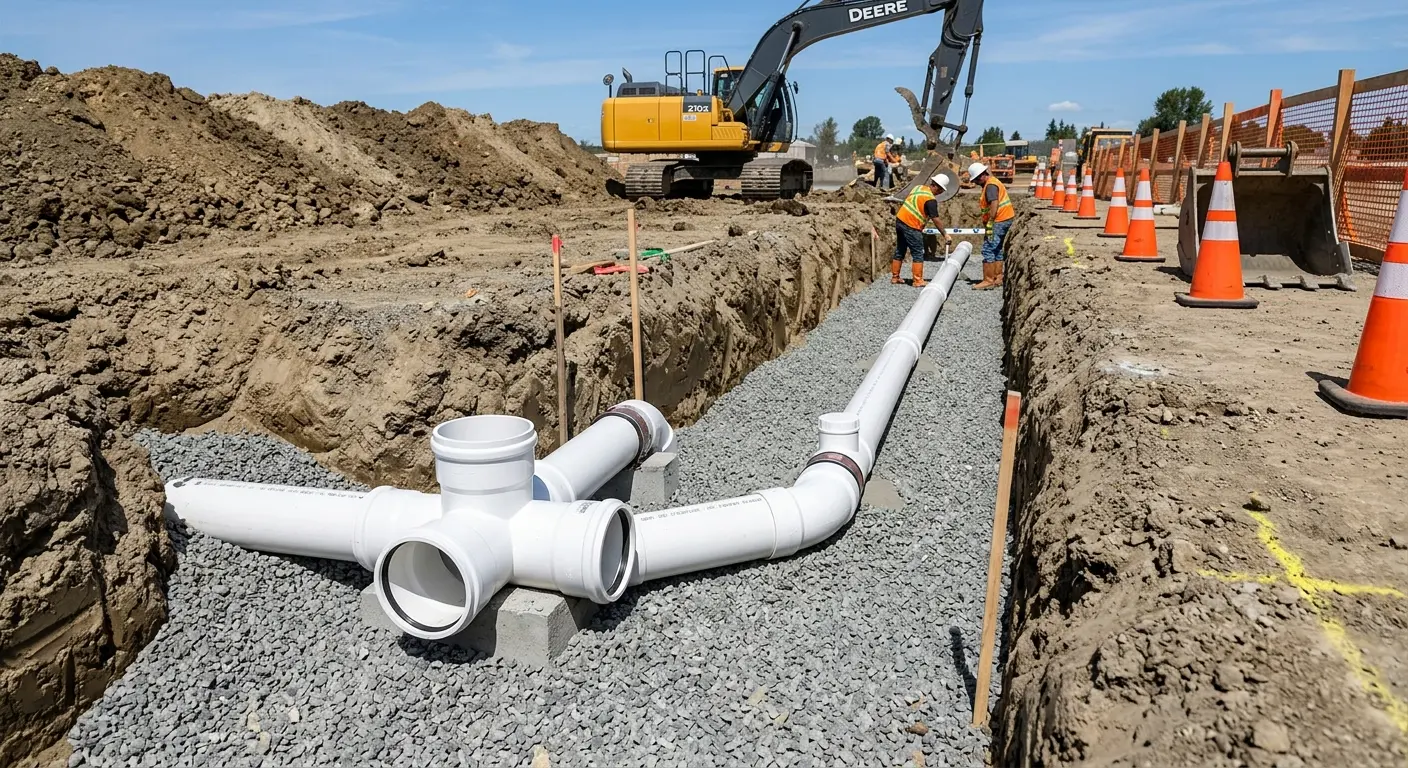 New PVC sewer pipe installation in open trench for Grease Trap Cleaning in Argentine