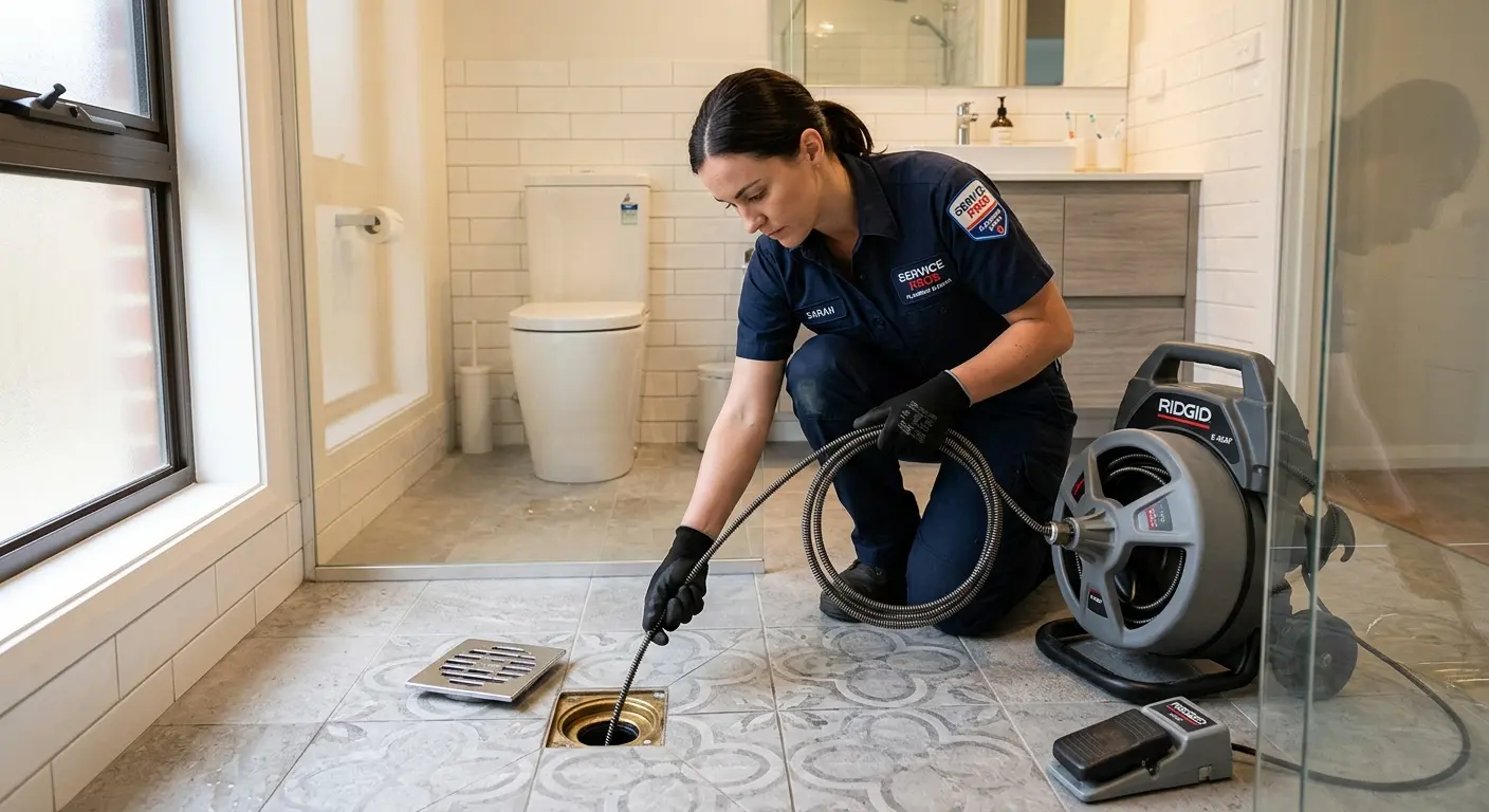 Technician clearing a bathroom floor drain for Sewer Line Installation in Argentine